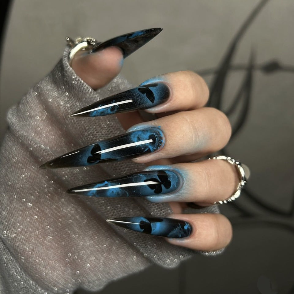 24pcs/Set Blue Ombre Butterfly Long Press-On Nails