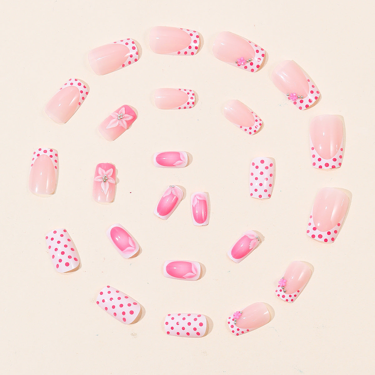 24pcs/Set White Polka Dot French 3D Floral Press On Nails