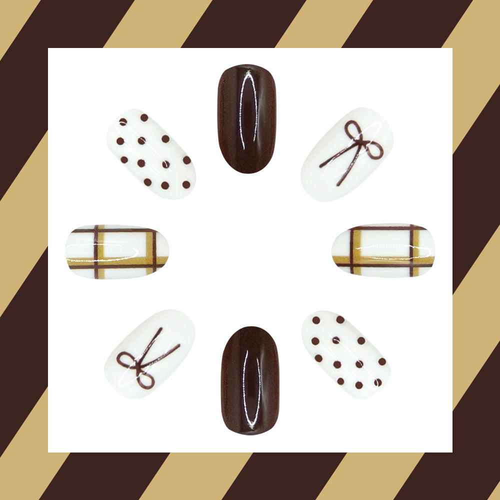 24pcs/Set Brown Bow Polka Dot Striped Press On Nails