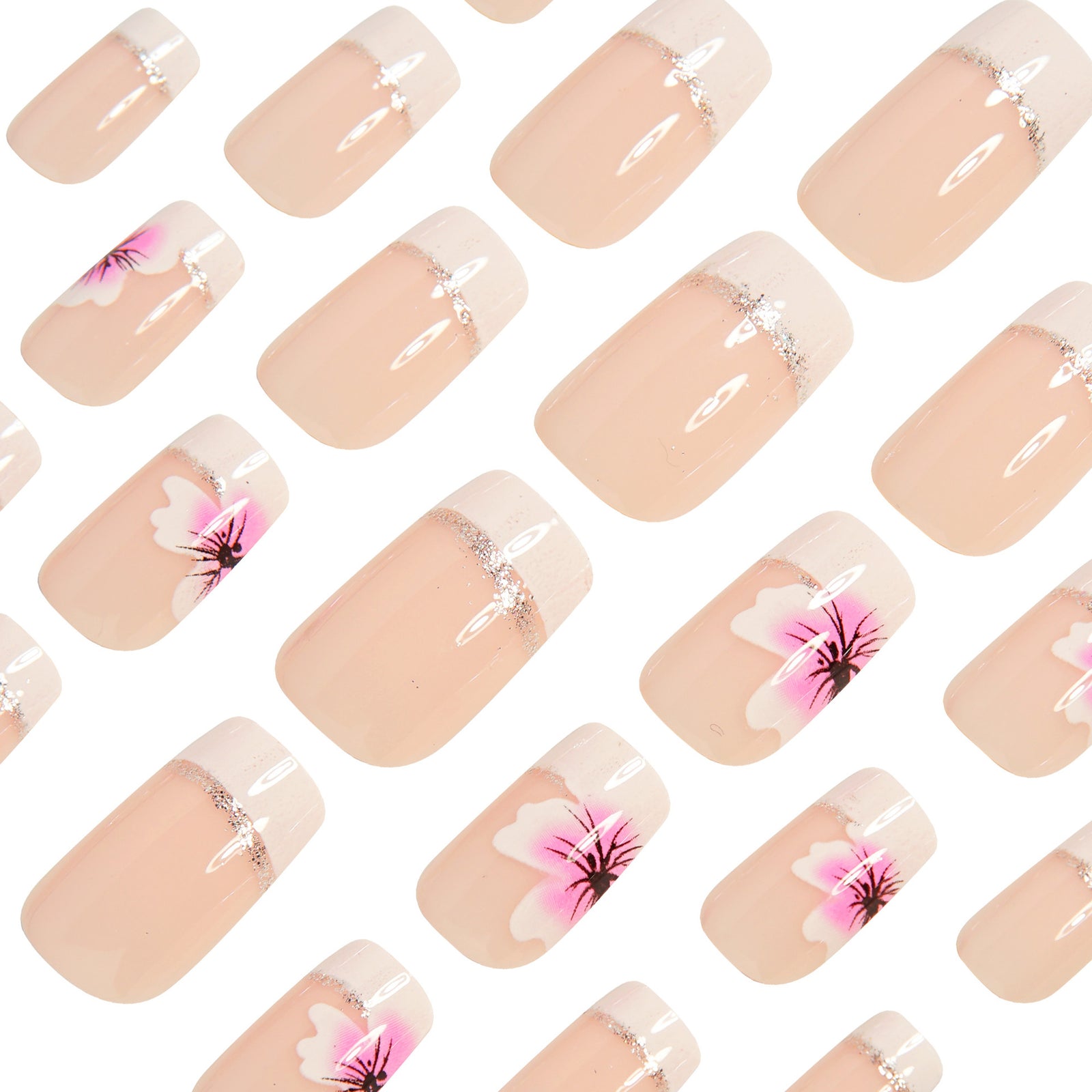 24pcs/Set Color-Block French Tips with Pink Flowers Press-On Nails