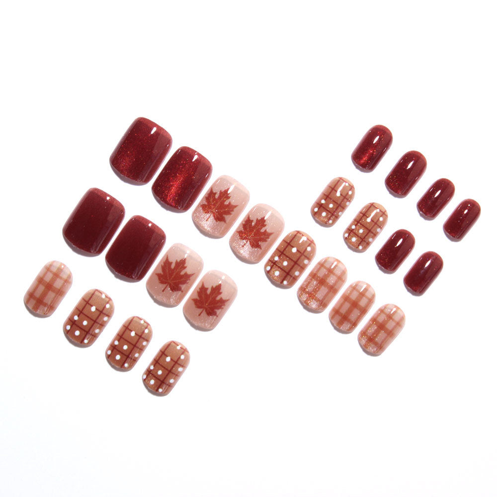 24pcs/Set Maple Leaf Plaid Cat-Eye Press On Nails