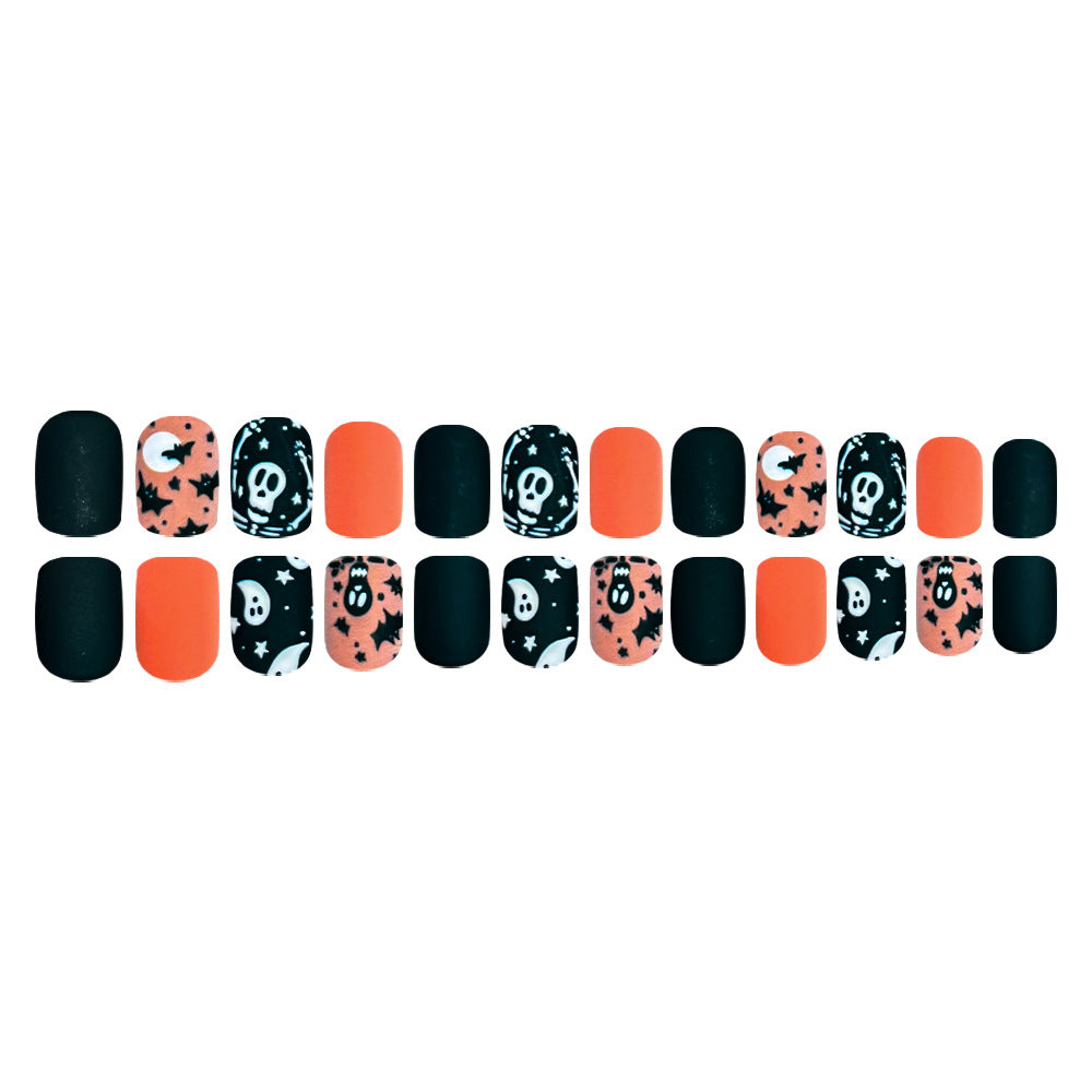 24pcs/Set Matte Orange & Black Ghost Star Press On Nails