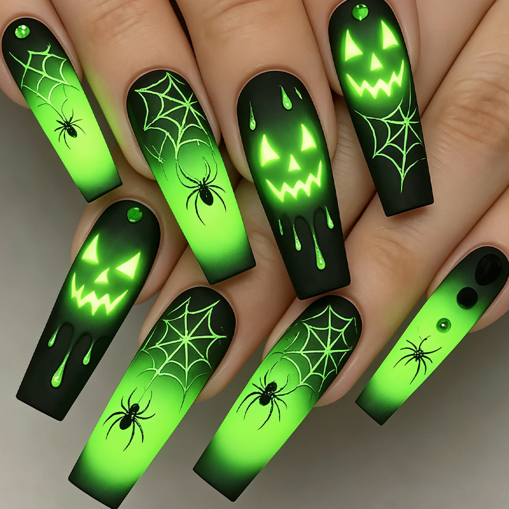 24pcs/Set Green Ghost Faces & Spiderwebs Press-On Nails