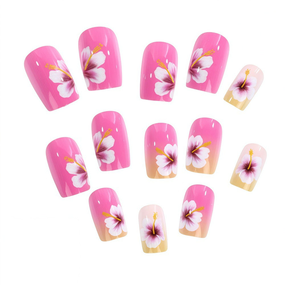 24pcs/Set Pink & Orange Ombre Hibiscus Flowers Press-On Nails