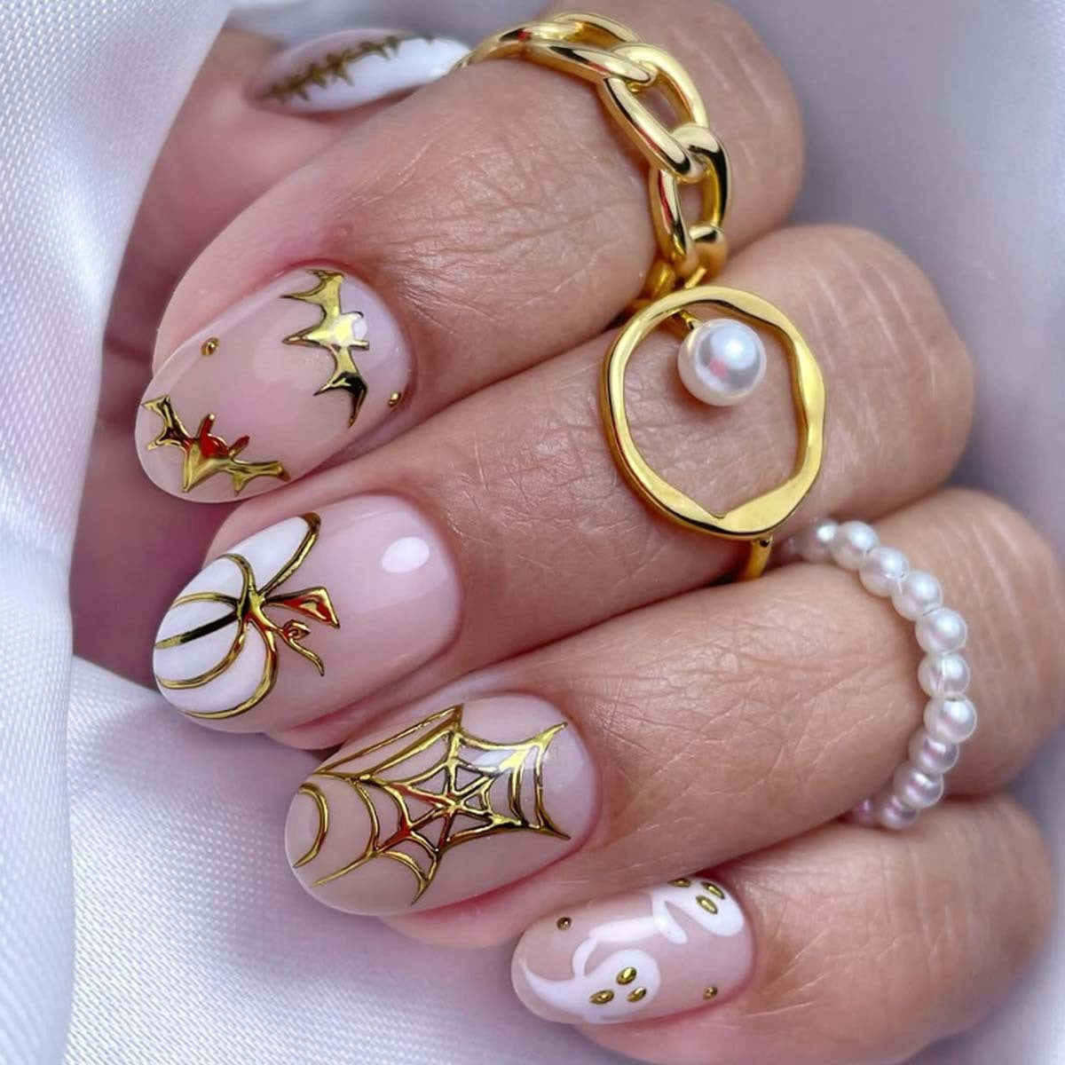 24pcs/Set Gilded Pumpkin & Bat Press On Nails