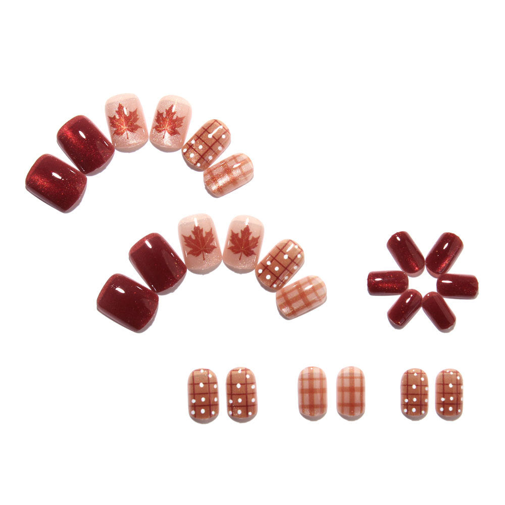 24pcs/Set Maple Leaf Plaid Cat-Eye Press On Nails