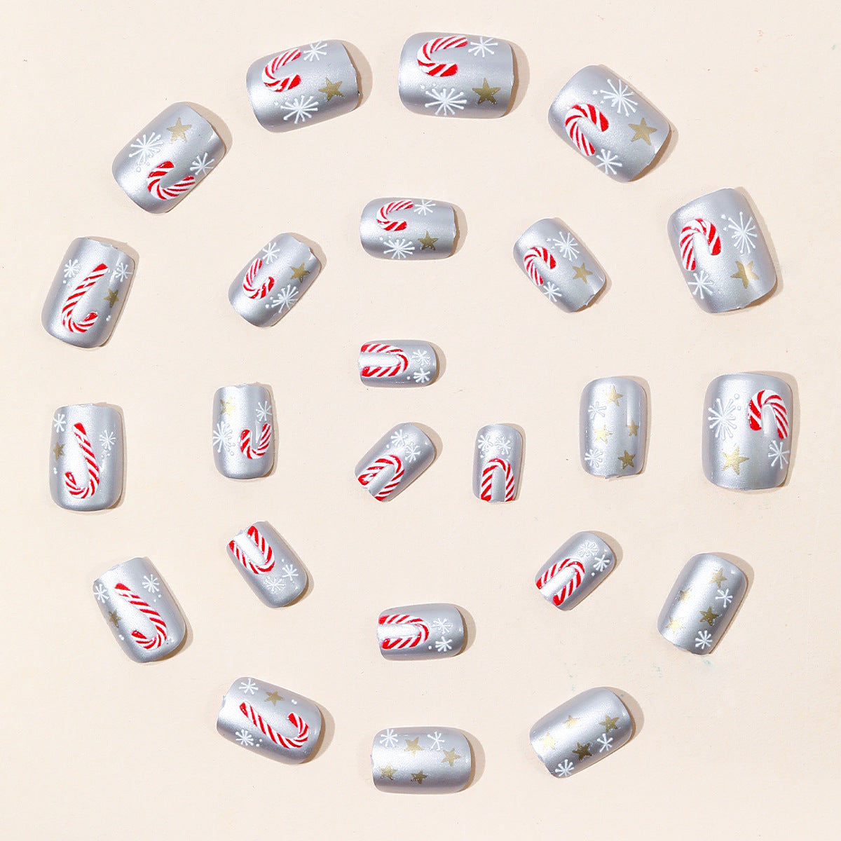 24pcs/Set Silver Star Candy Cane Press-On Nails