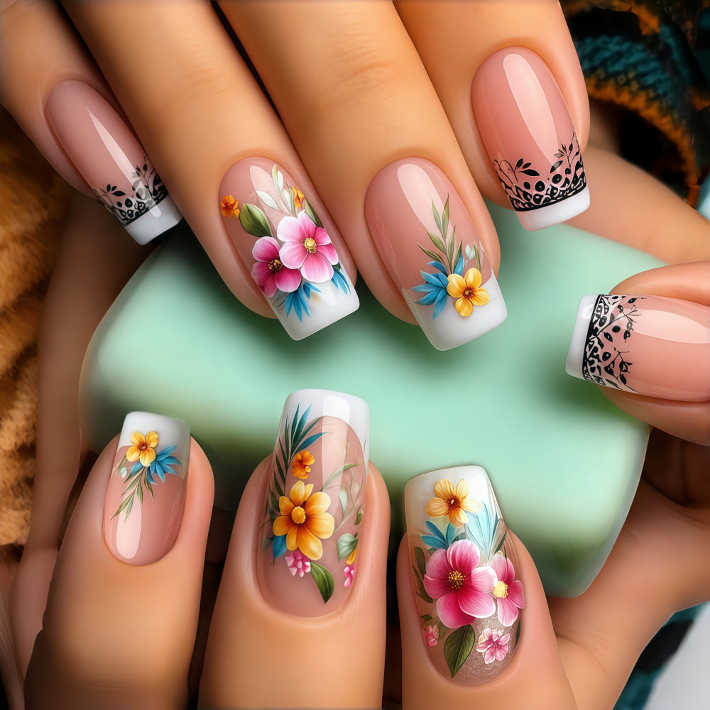 24pcs/Set Watercolor Floral French Black Lace Press-On Nails