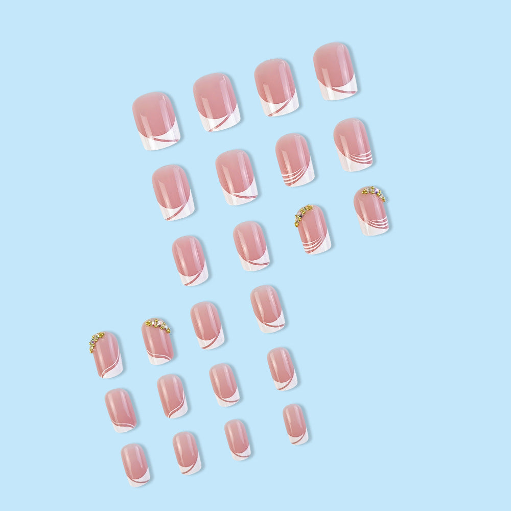 24pcs/Set Minimalist French with Crystal Press On Nails