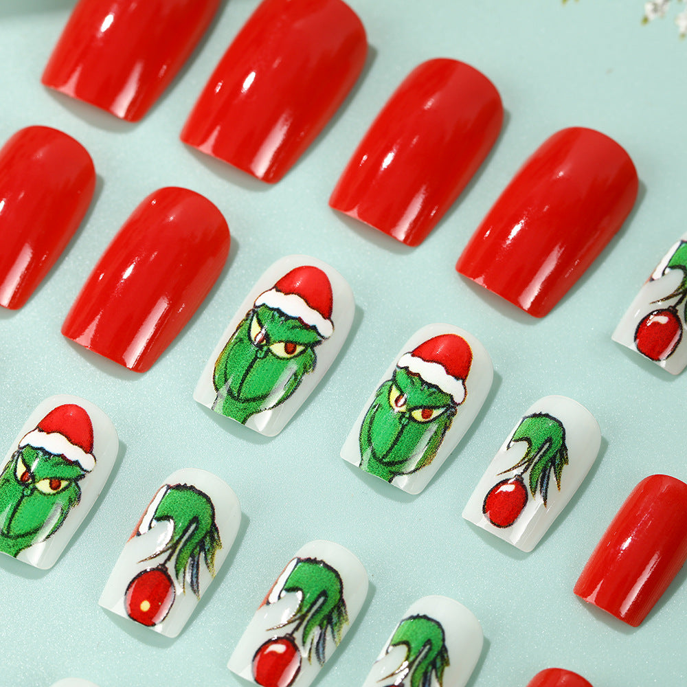24pcs/Set Short Oval Glitter Grinch Christmas Press-On Nails