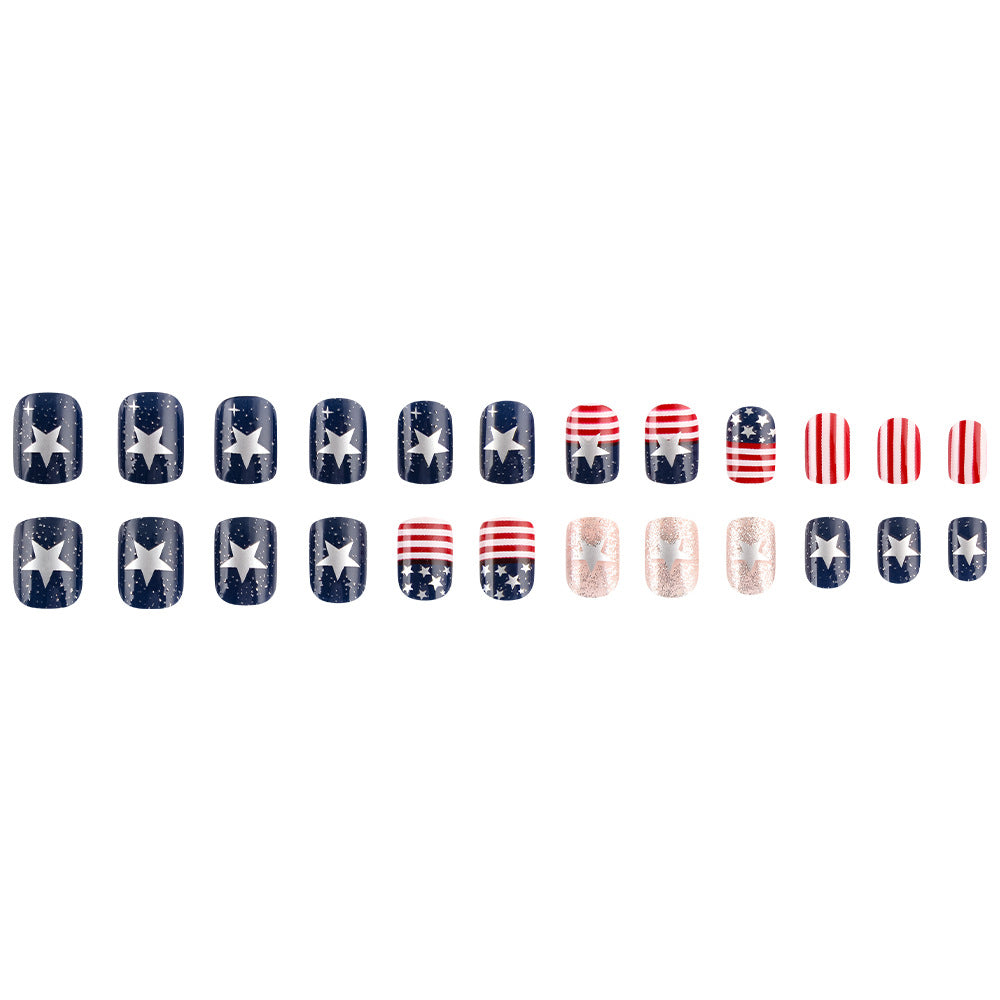 24pcs/Set Blue White Stars and Stripes Glitter Press-On Nails