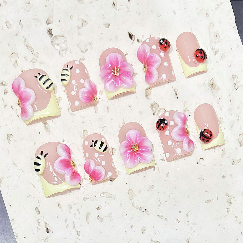 (Handmade) 10pcs/Set Yellow French 3D Pink Flower & Bumblebee Press-On Nails