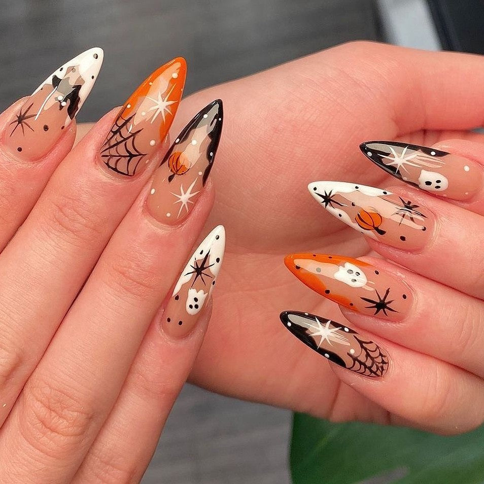 24pcs/Set Pumpkin Ghost & Spider Web Press-On Nails