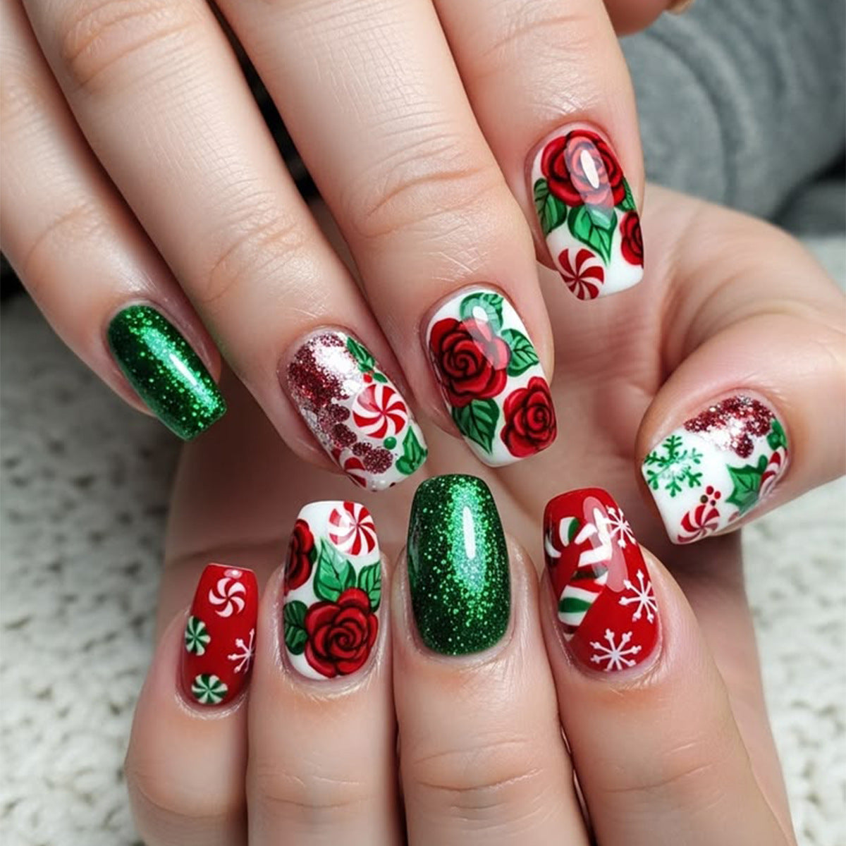 24pcs/Set Floral Candy Cane Snowflakes Press-On Nails