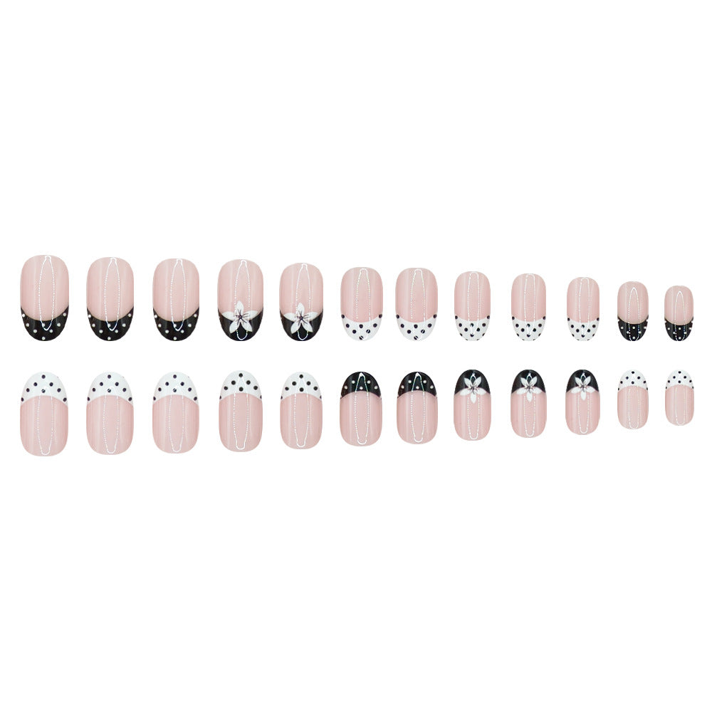 24pcs/Set Black & White Polka Dot French Floral Press On Nails