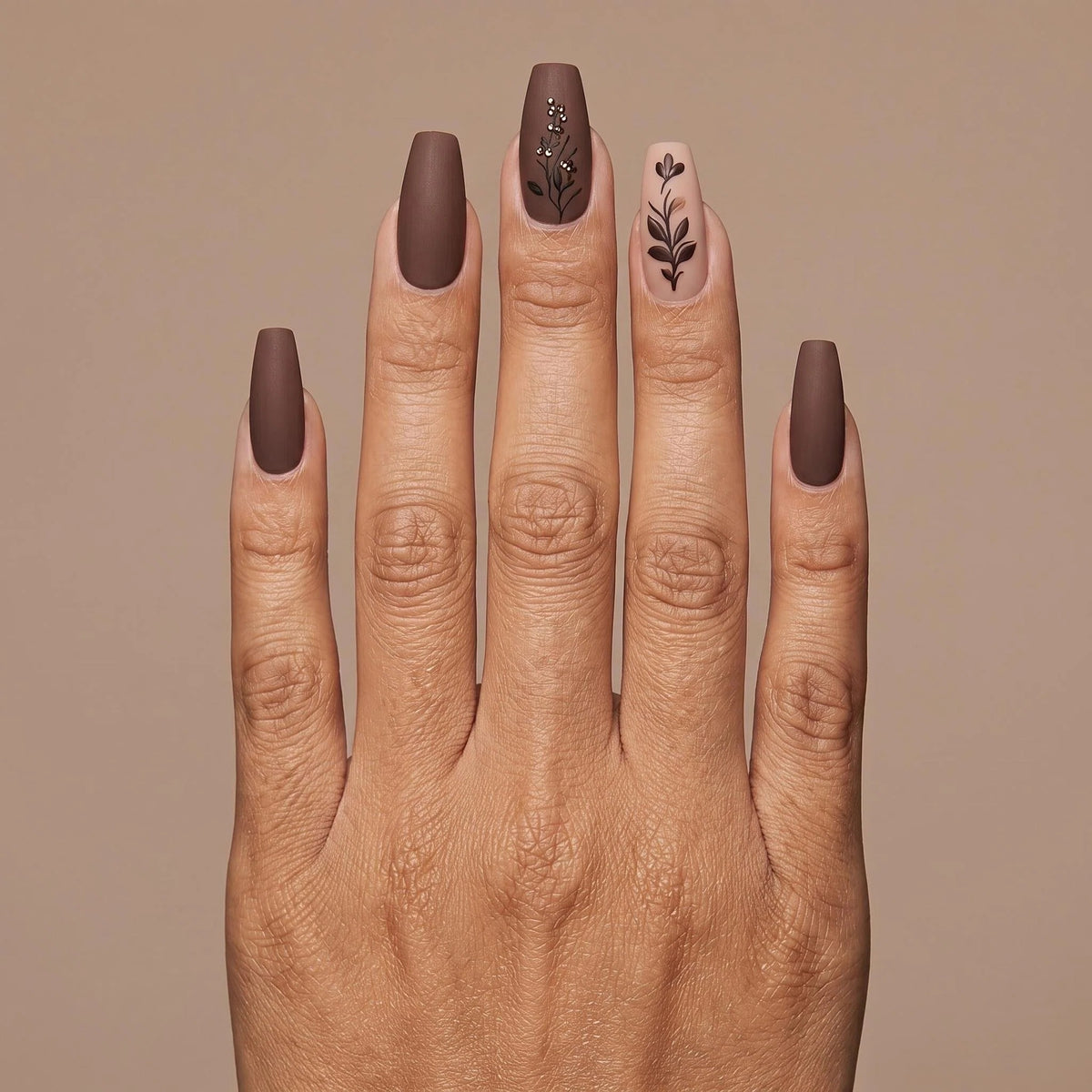 24pcs/Set Maillard Matte Texture Floral and Leaf Press-On Nails
