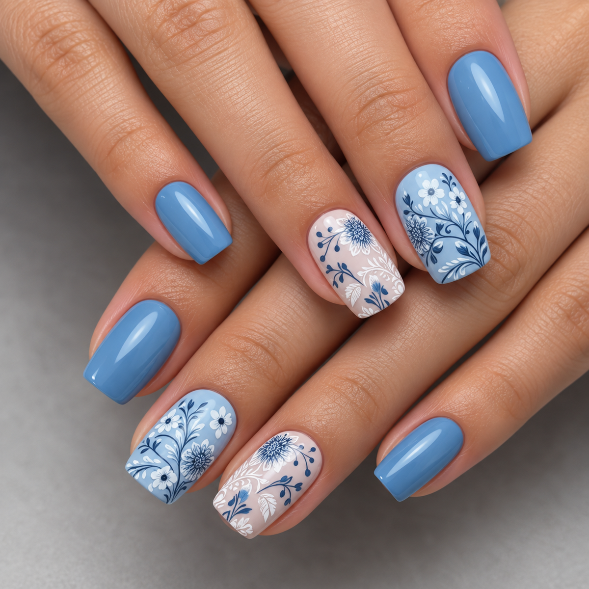 24pcs/Set Blue Flower Press-On Nails