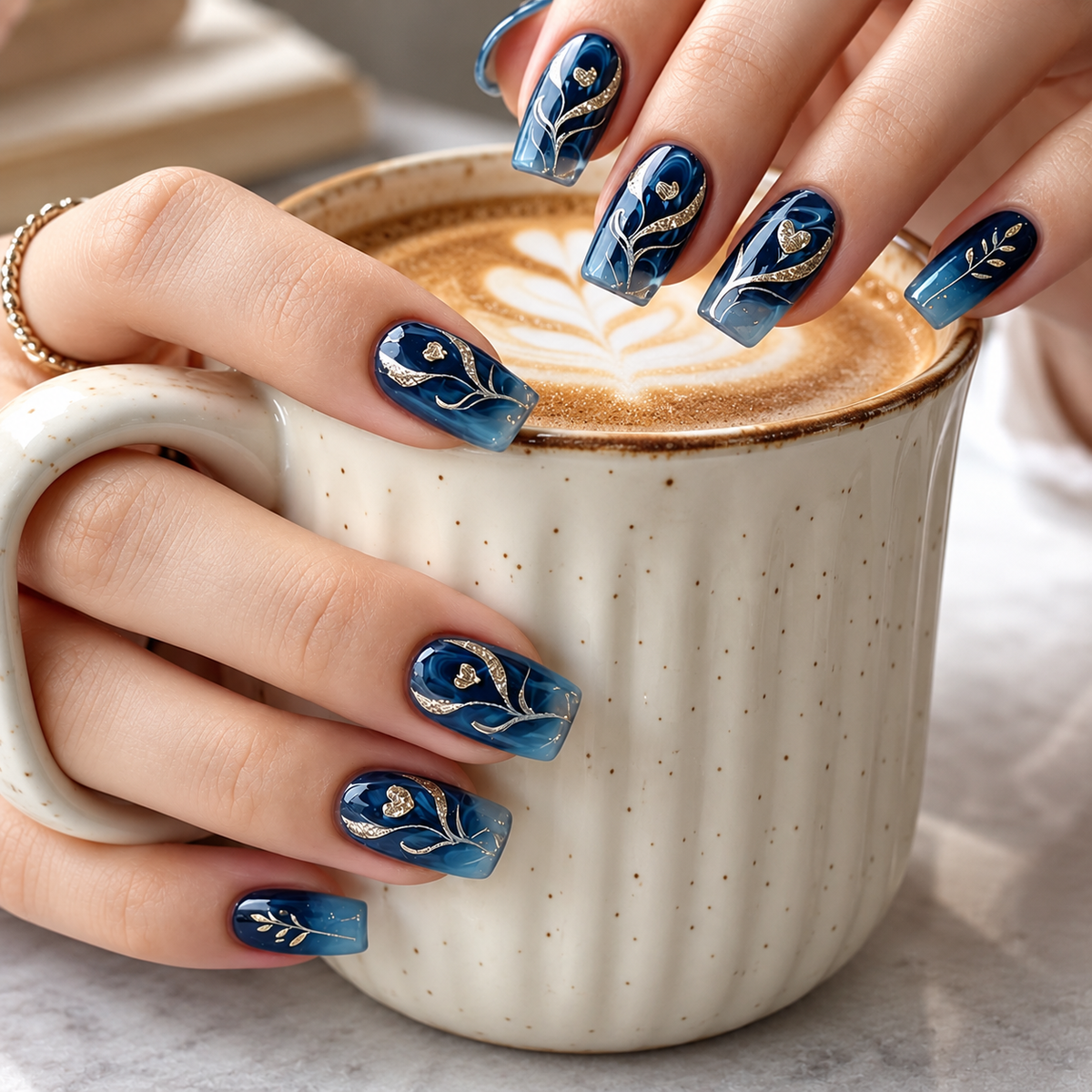 24pcs/Set Glitter Heart Blue Press-On Nails