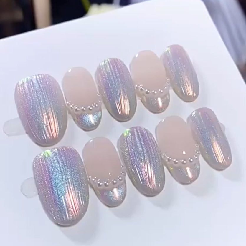 (Handmade) 10pcs/Set Red Aurora Cat Eye French Press-On Nails