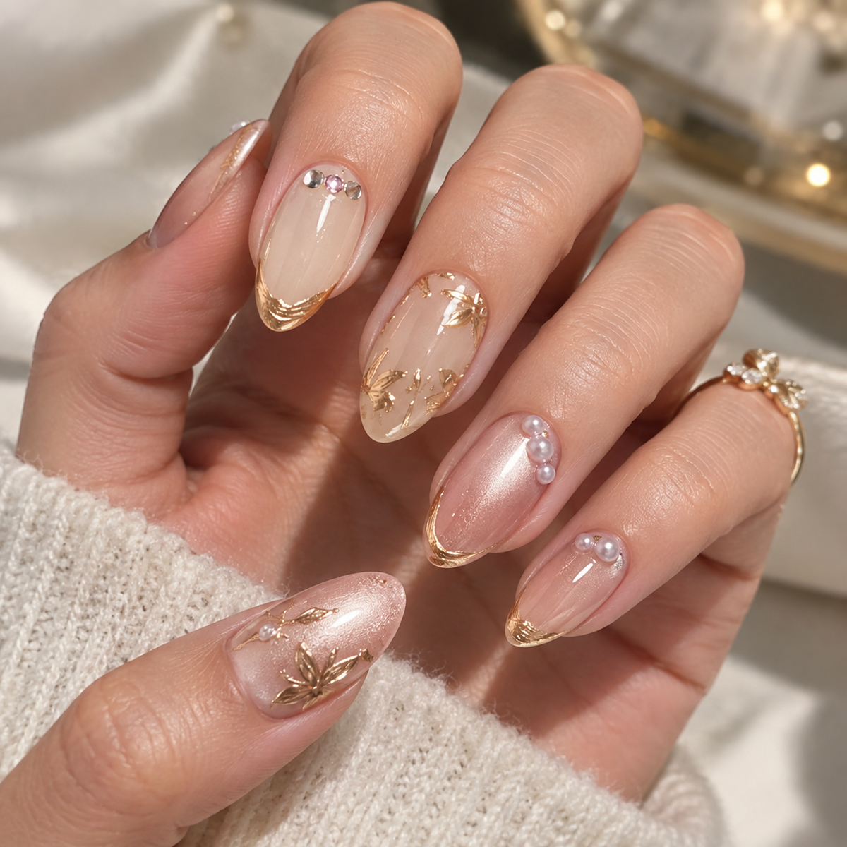 24pcs/Set 3D Gold Foil Floral Cat Eye Press-On Nails