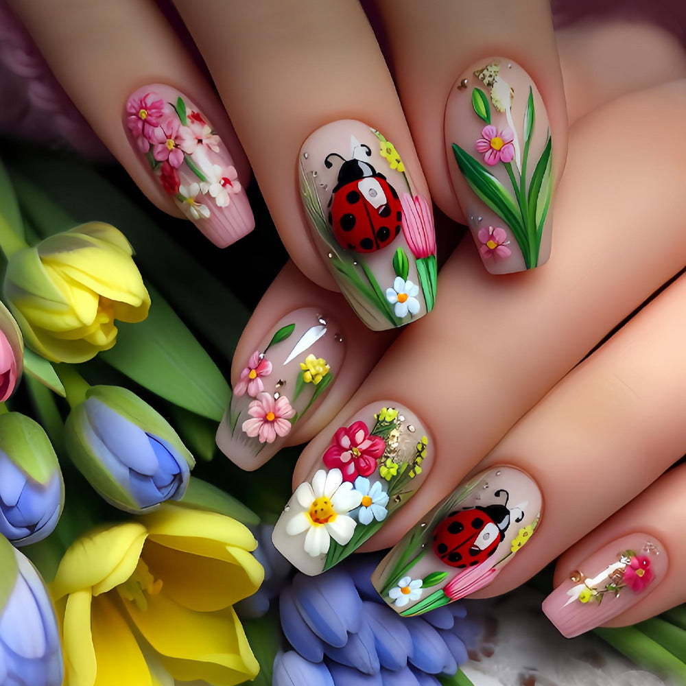 24pcs/Set Floral Ladybugs Press-On Nails