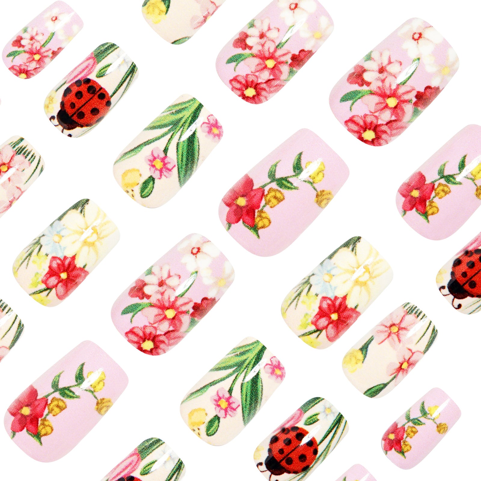 24pcs/Set Floral Ladybugs Press-On Nails
