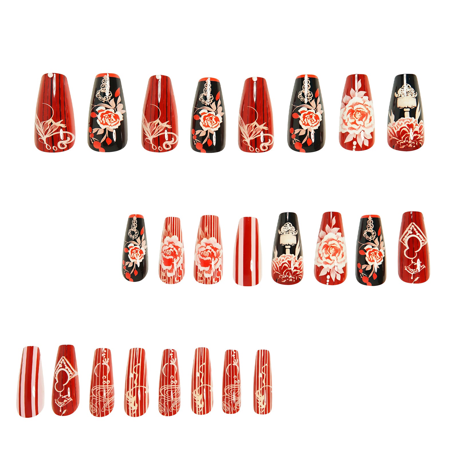 24pcs/Set Red Rose Flower Press-On Nails
