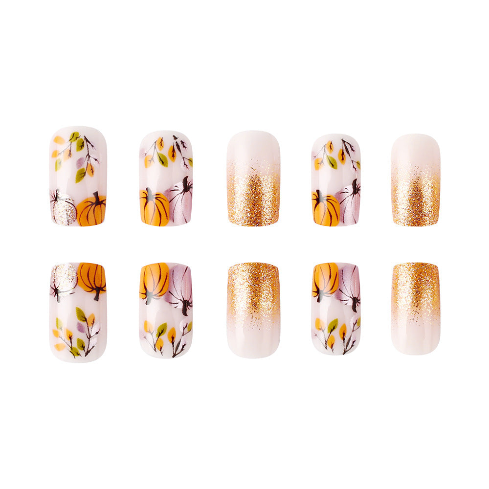 24pcs/Set Short Autumn-Winter French with Pumpkin Leaves Press On Nails