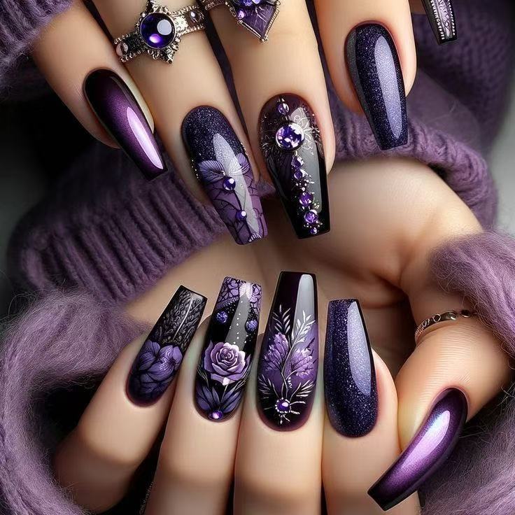 24pcs/Set Starry Sky Purple Rose Press-On Nails