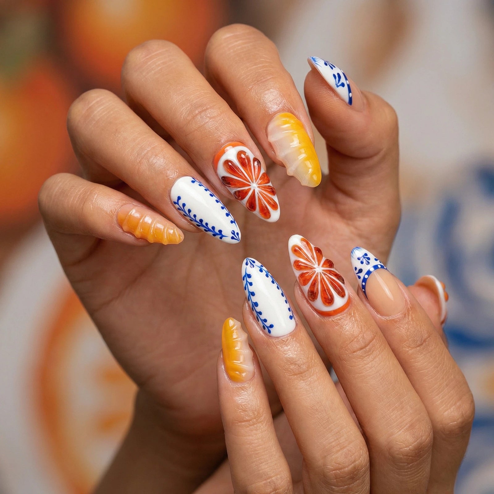 (Handmade) 10pcs/Set Citrus Orange Pink Blue Tile 3D Press-On Nails