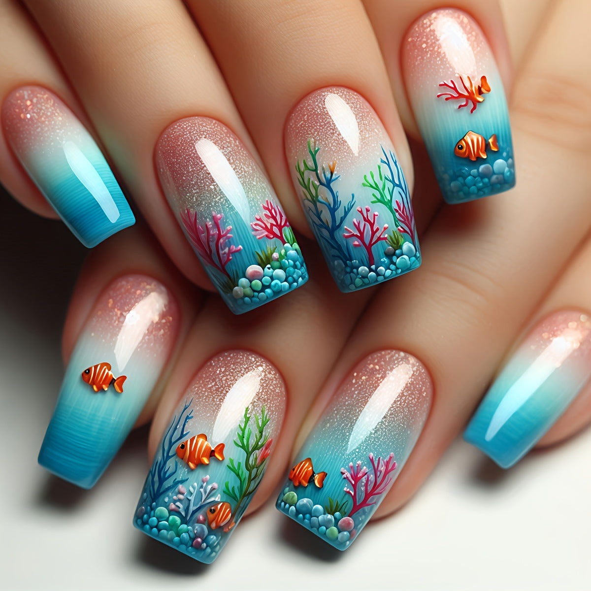 24pcs/Set Coral Fish Ocean Press-On Nails