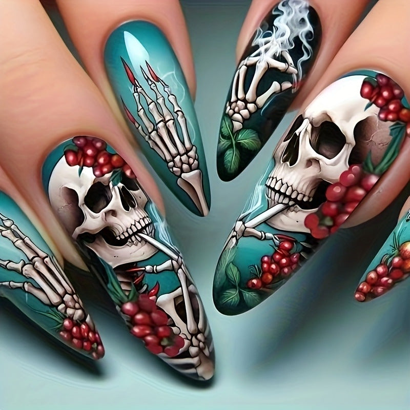 24pcs/Set Halloween Dark Blue Skull Press-On Nails
