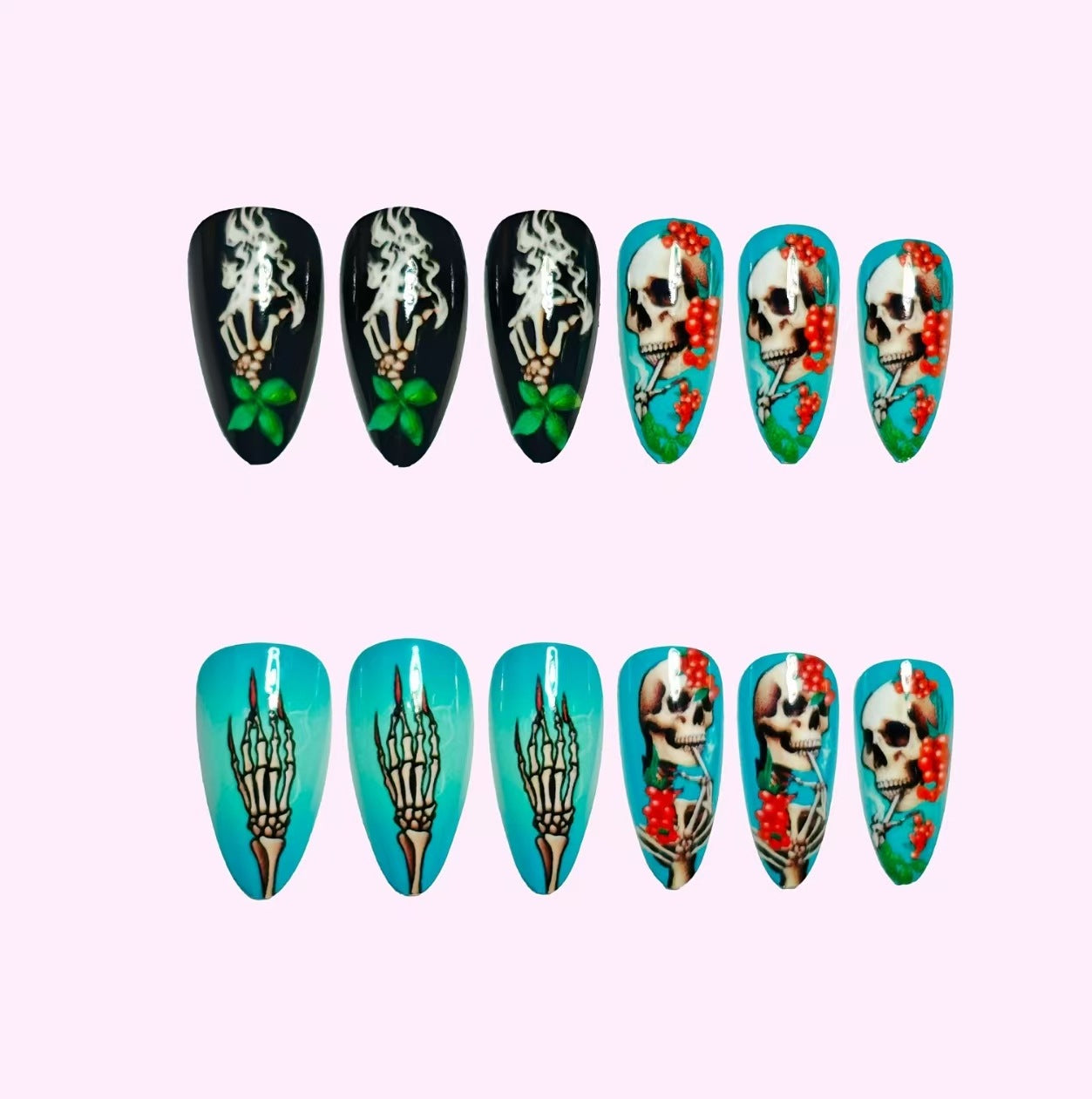 24pcs/Set Halloween Dark Blue Skull Press-On Nails