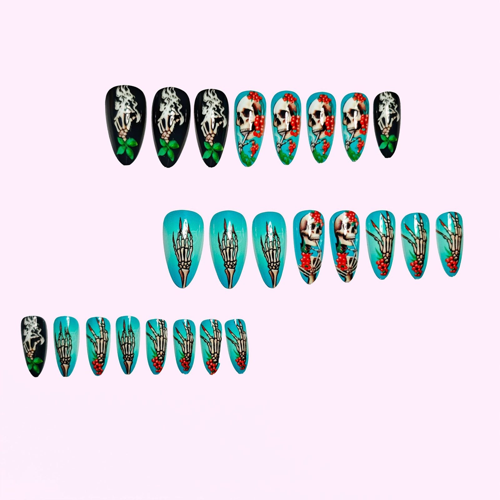 24pcs/Set Halloween Dark Blue Skull Press-On Nails