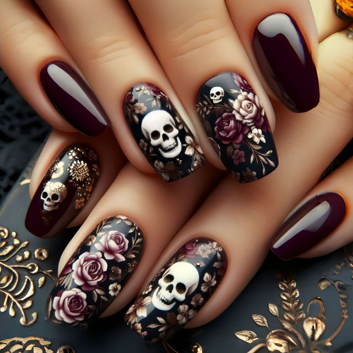 24pcs/Set Skull Botanical Floral Halloween Press-On Nails