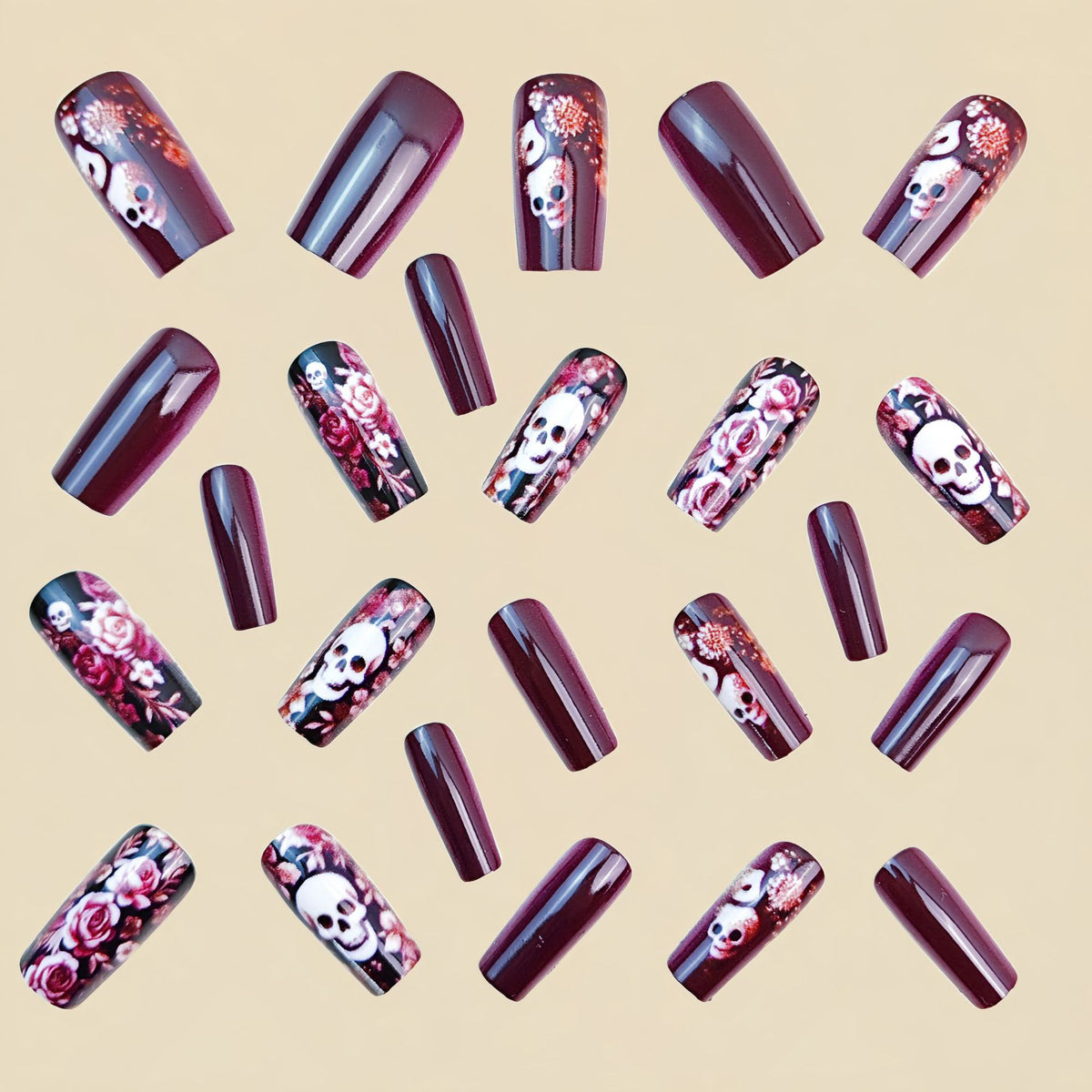 24pcs/Set Skull Botanical Floral Halloween Press-On Nails