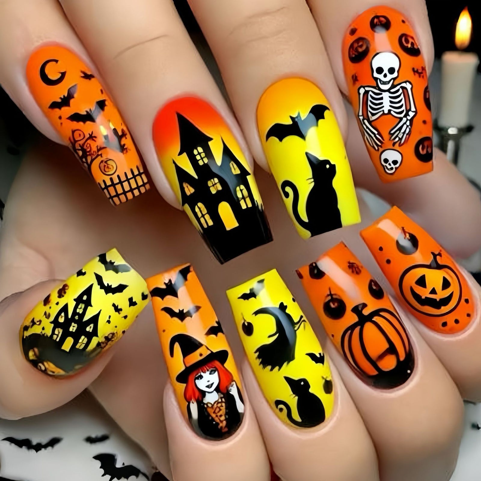 24pcs/Set Halloween Pumpkin Bat Skull Press-On Nails
