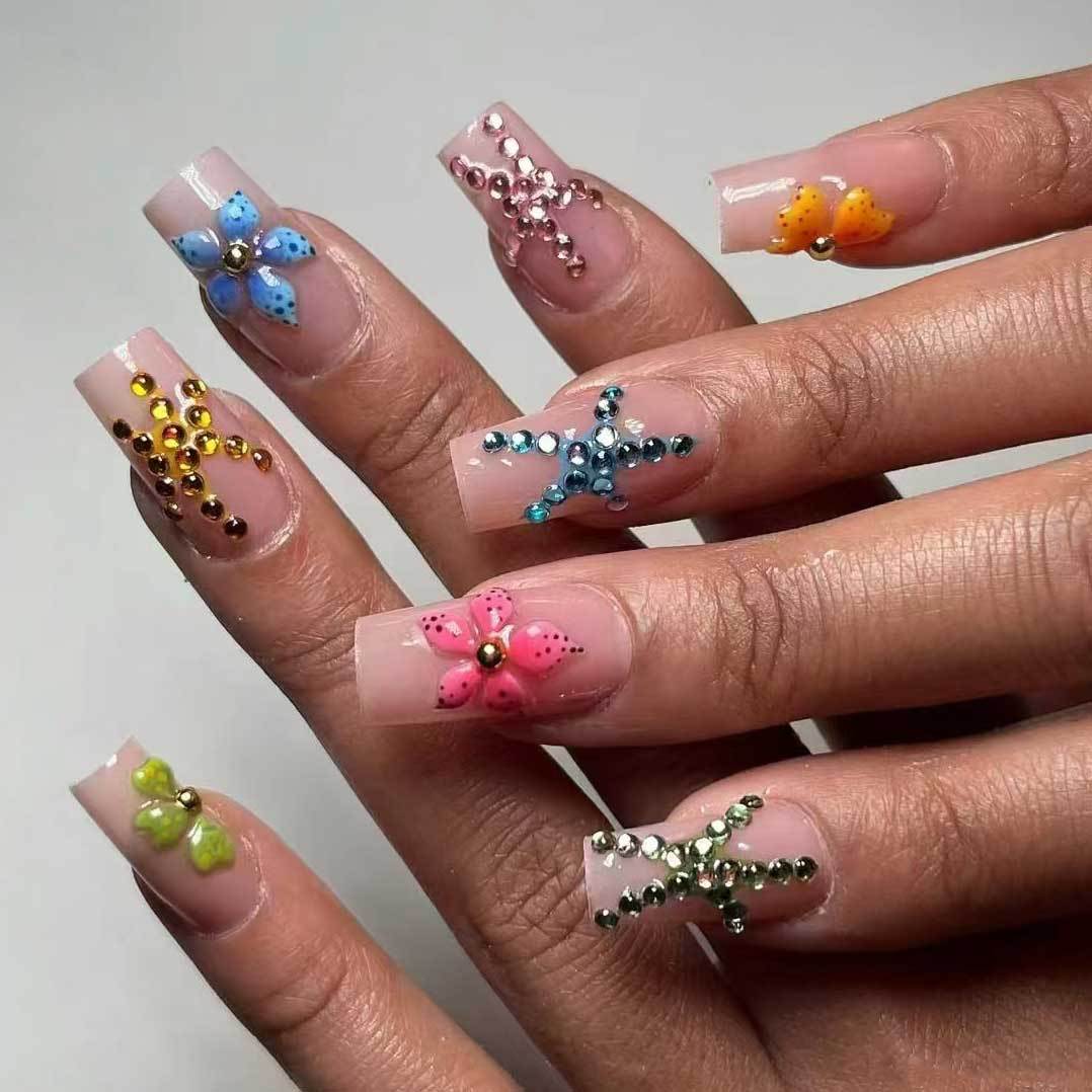 24pcs/Set Rhinestone 3D Flower Press-On Nails