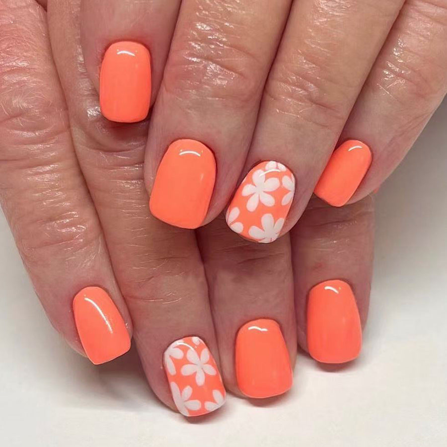 24pcs/Set Orange Base with White Flowers Press-On Nails