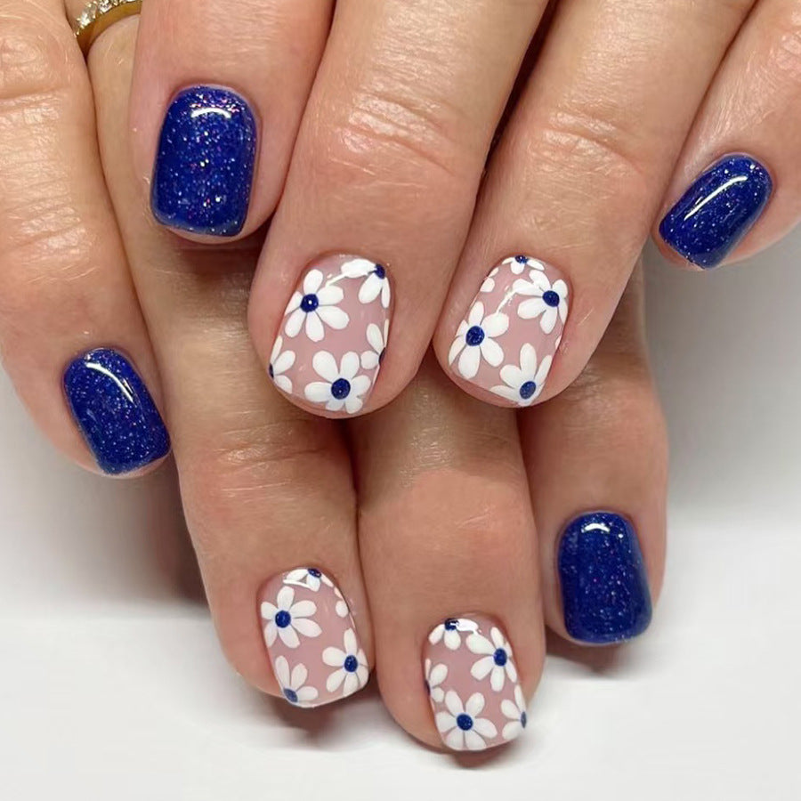 24pcs/Set Navy Blue White Flowers Press-On Nails