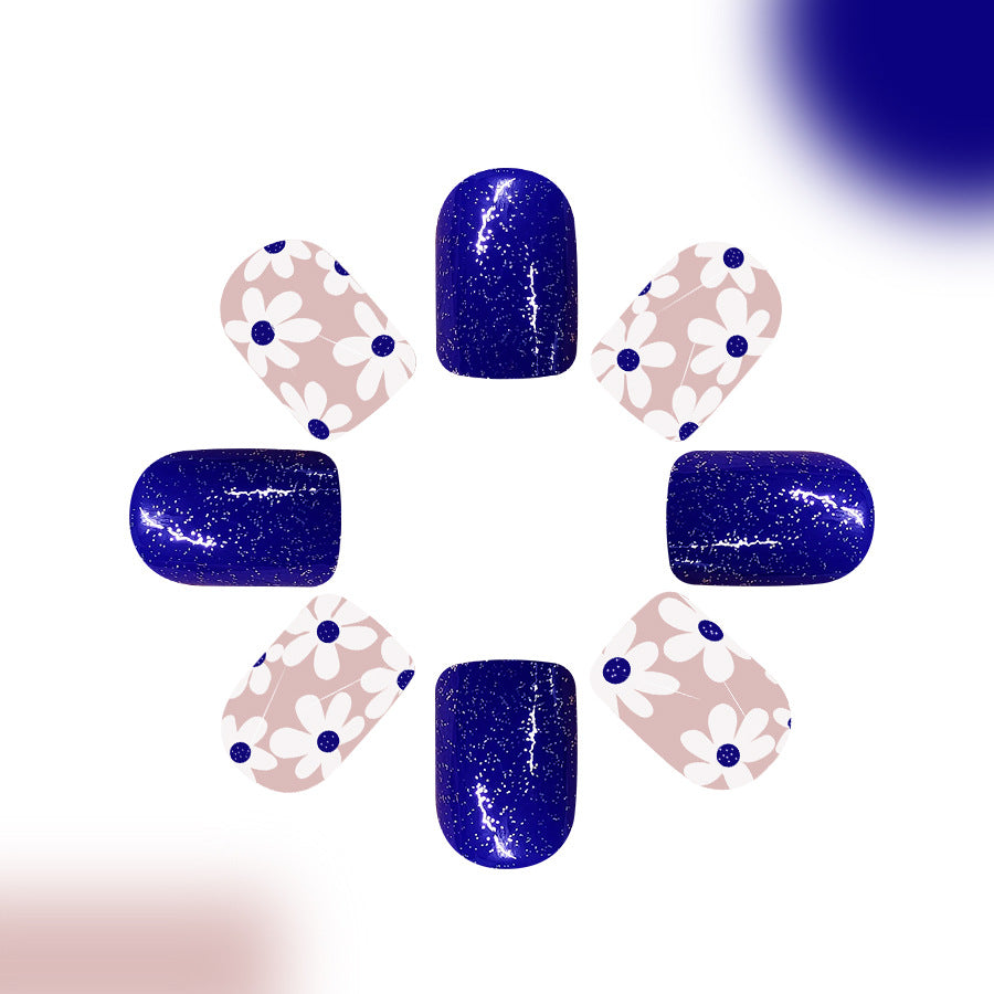 24pcs/Set Navy Blue White Flowers Press-On Nails