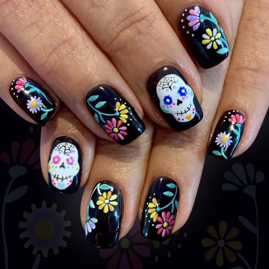 24pcs/Set Halloween Skull Ghost Face Flowers Press-On Nails