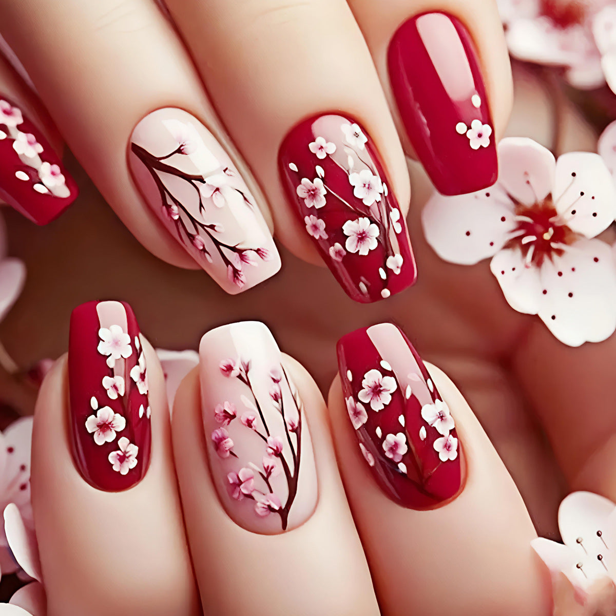 24pcs/Set Red Pink Flowers Press-On Nails