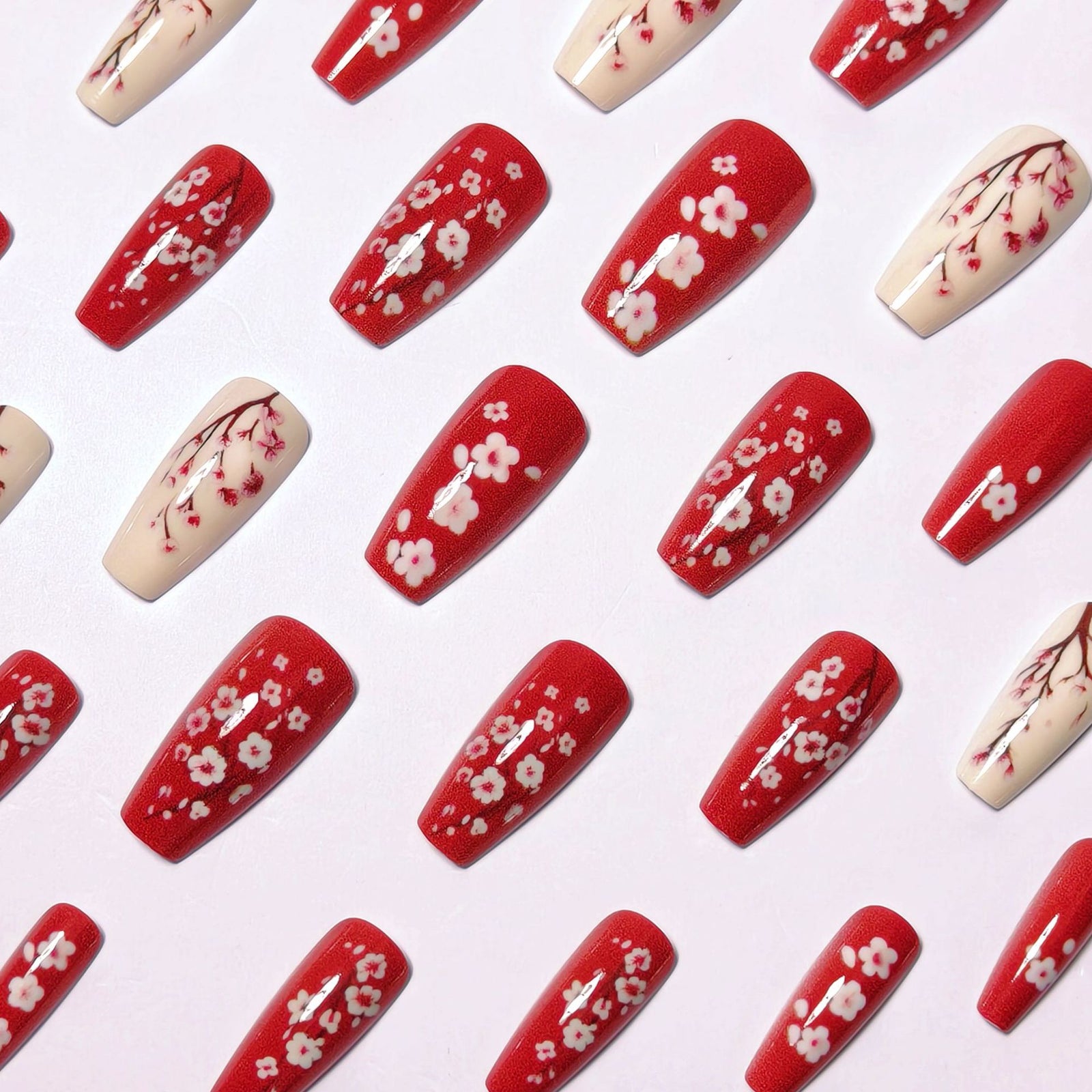 24pcs/Set Red Pink Flowers Press-On Nails