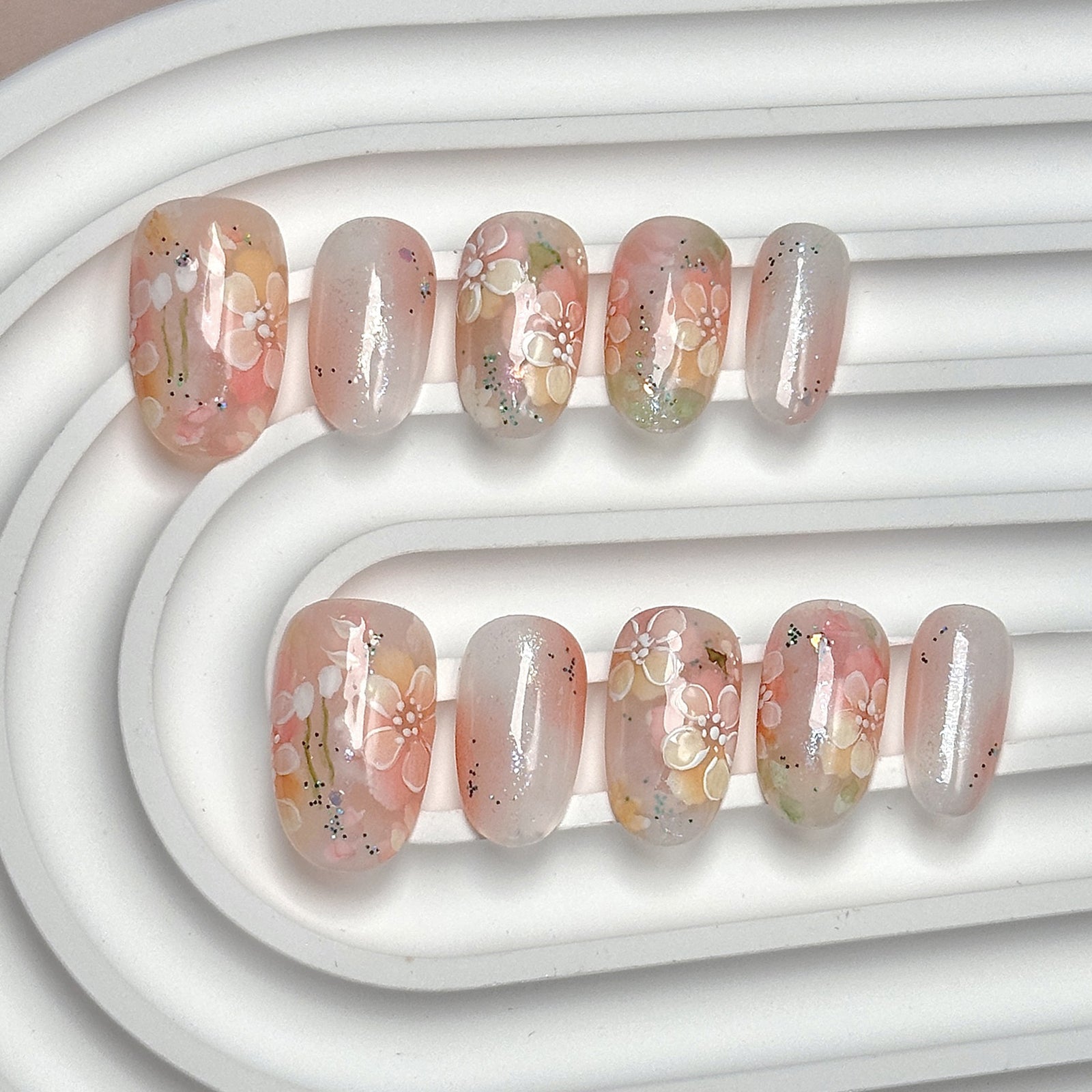 (Handmade) 10pcs/Set Colorful Flowers Press-On Nails