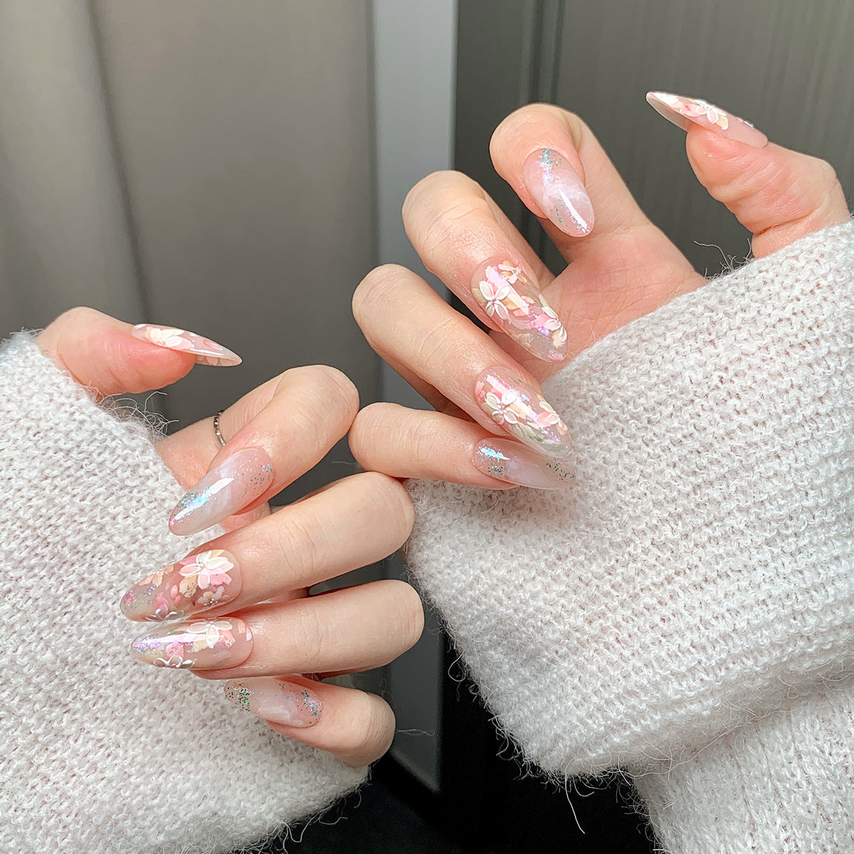 (Handmade) 10pcs/Set Colorful Flowers Press-On Nails