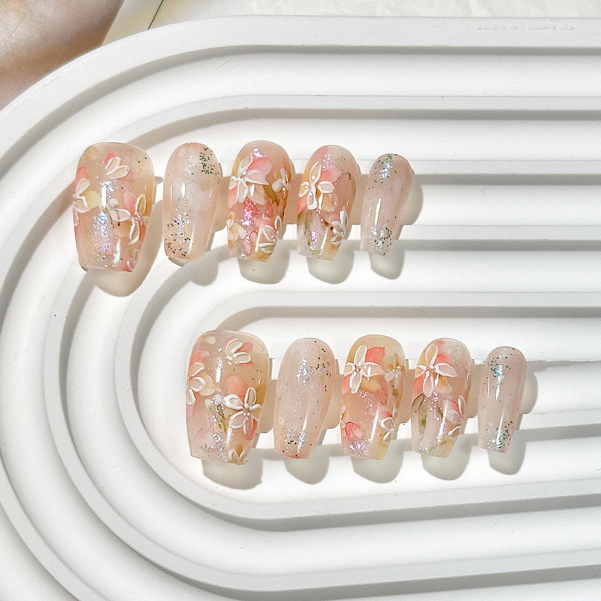 (Handmade) 10pcs/Set Colorful Flowers Press-On Nails