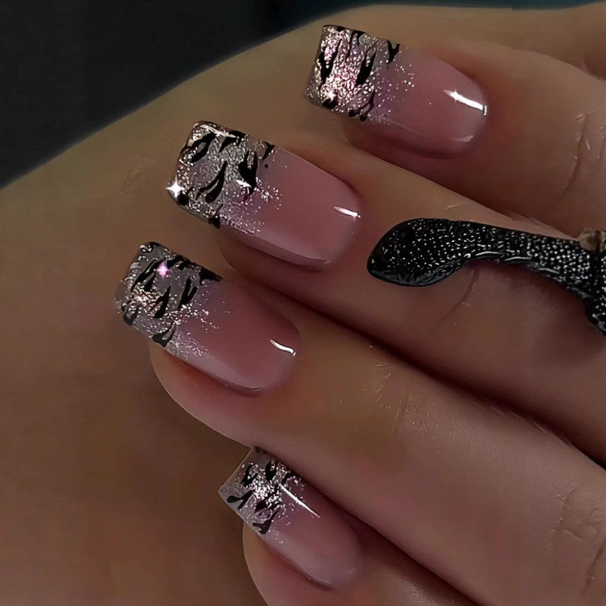 24pcs/Set Black Leopard Glitter French Press-On Nails