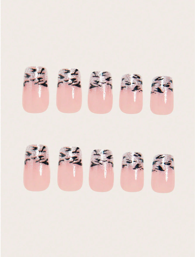 24pcs/Set Black Leopard Glitter French Press-On Nails
