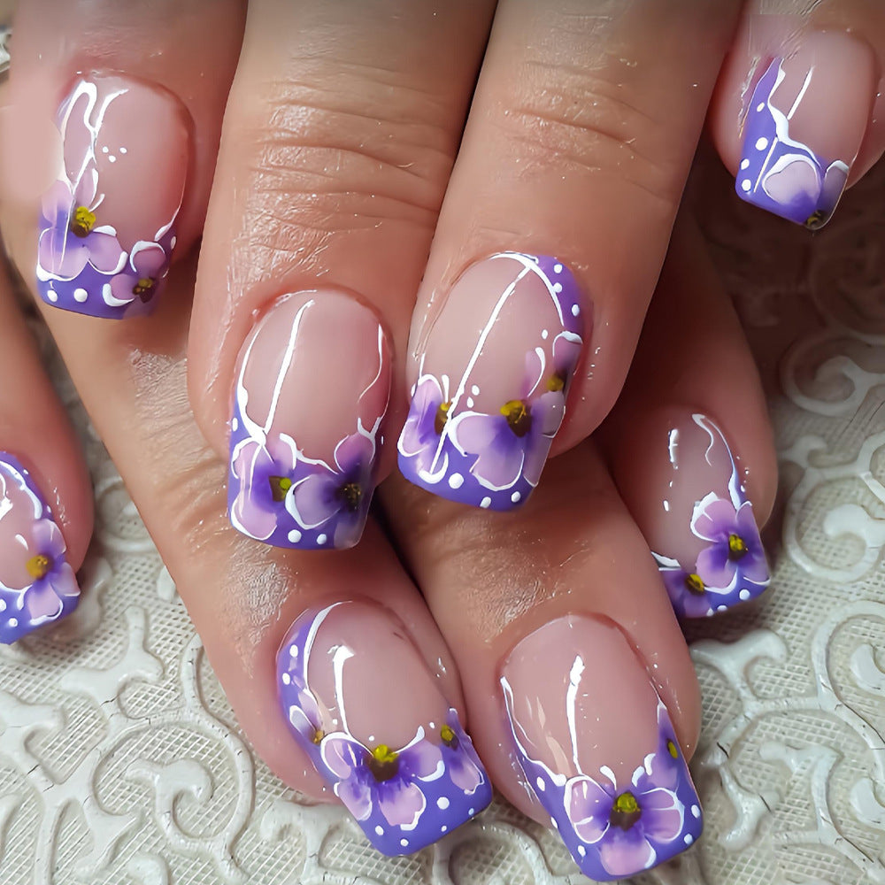 24pcs/Set Purple Flower French Press-On Nails